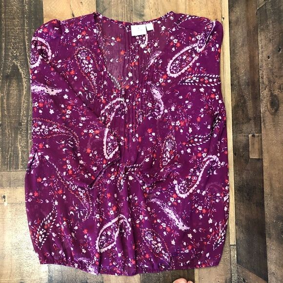 St. John’s Bay Blouse Semi Sheer Purple Paisley Print Tie Front 3/4 Sleeves XL - Picture 5 of 12